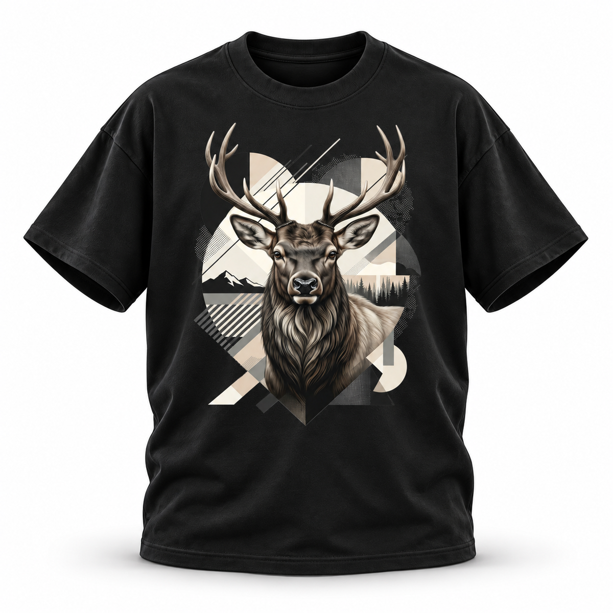 High Country — Elk Geometric Wildlife Heavyweight Oversized Tee — Black, front; 3D ghost mannequin mockup