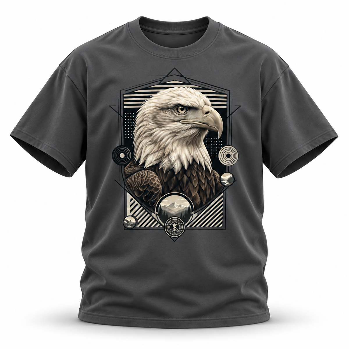 Above the Range — Bald Eagle Geometric Wildlife Heavyweight Oversized Tee — Dark Gray, front; 3D ghost mannequin mockup