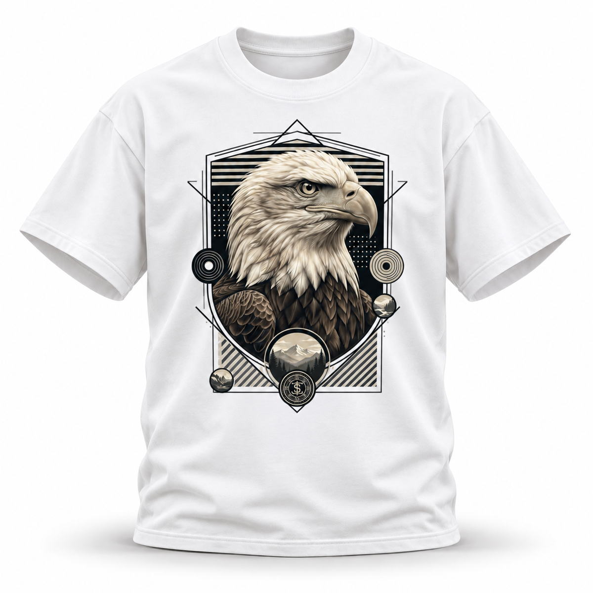 Above the Range — Bald Eagle Geometric Wildlife Heavyweight Oversized Tee — White, front; 3D ghost mannequin mockup