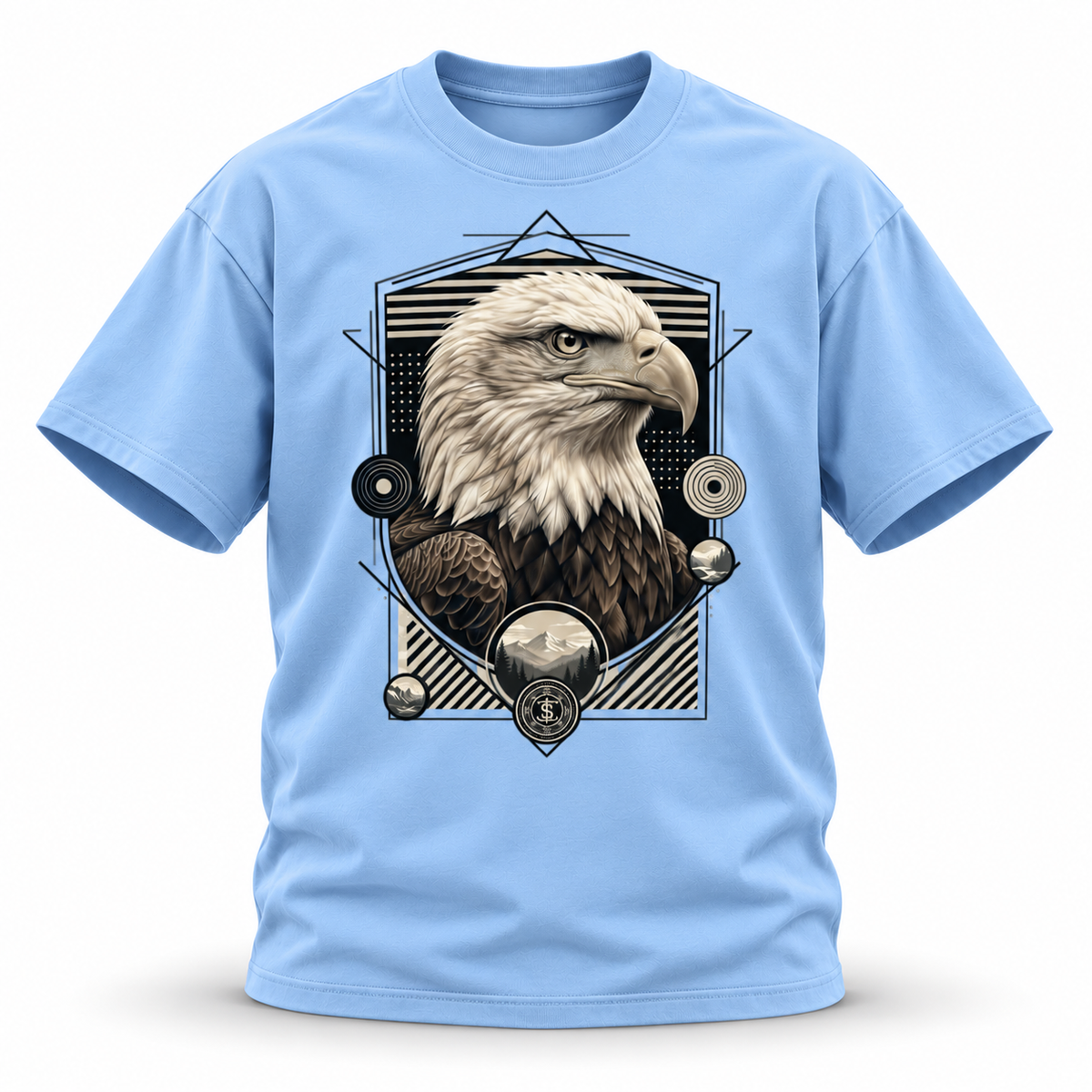 Above the Range — Bald Eagle Geometric Wildlife Heavyweight Oversized Tee — Blue, front; 3D ghost mannequin mockup