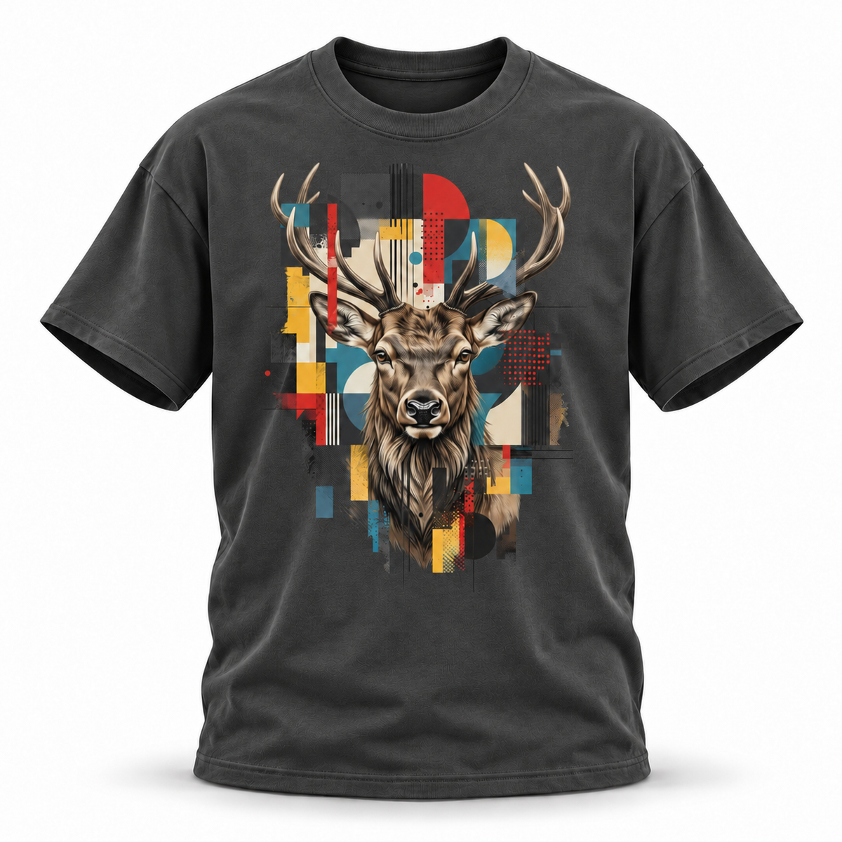 19SEVEN7 — Elk Mosaic Oversized Tee — Dark Gray, front; 3D ghost mannequin mockup