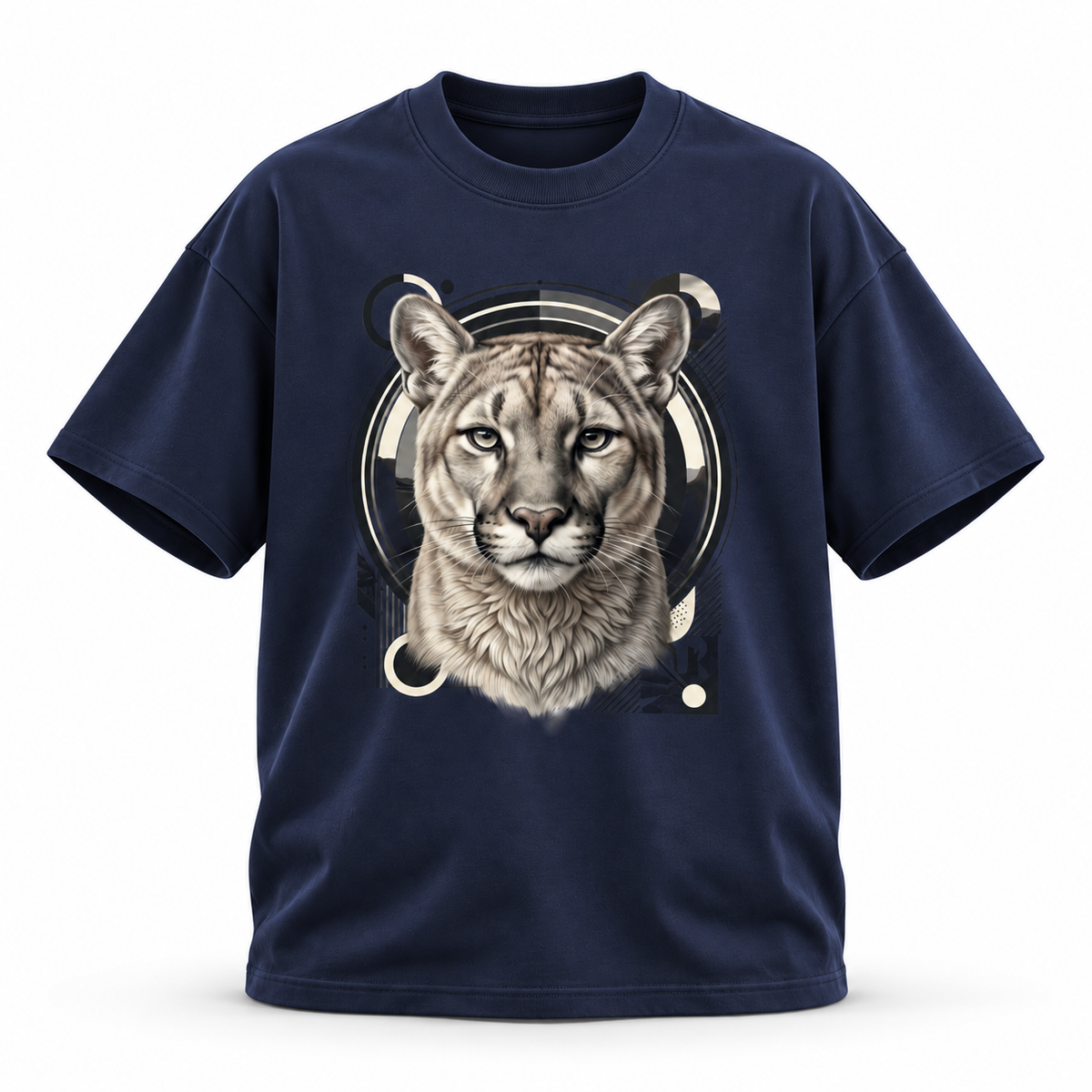 19SEVEN7 Northern Sentinel Navy Blue T-shirt with cougar artwork, front view