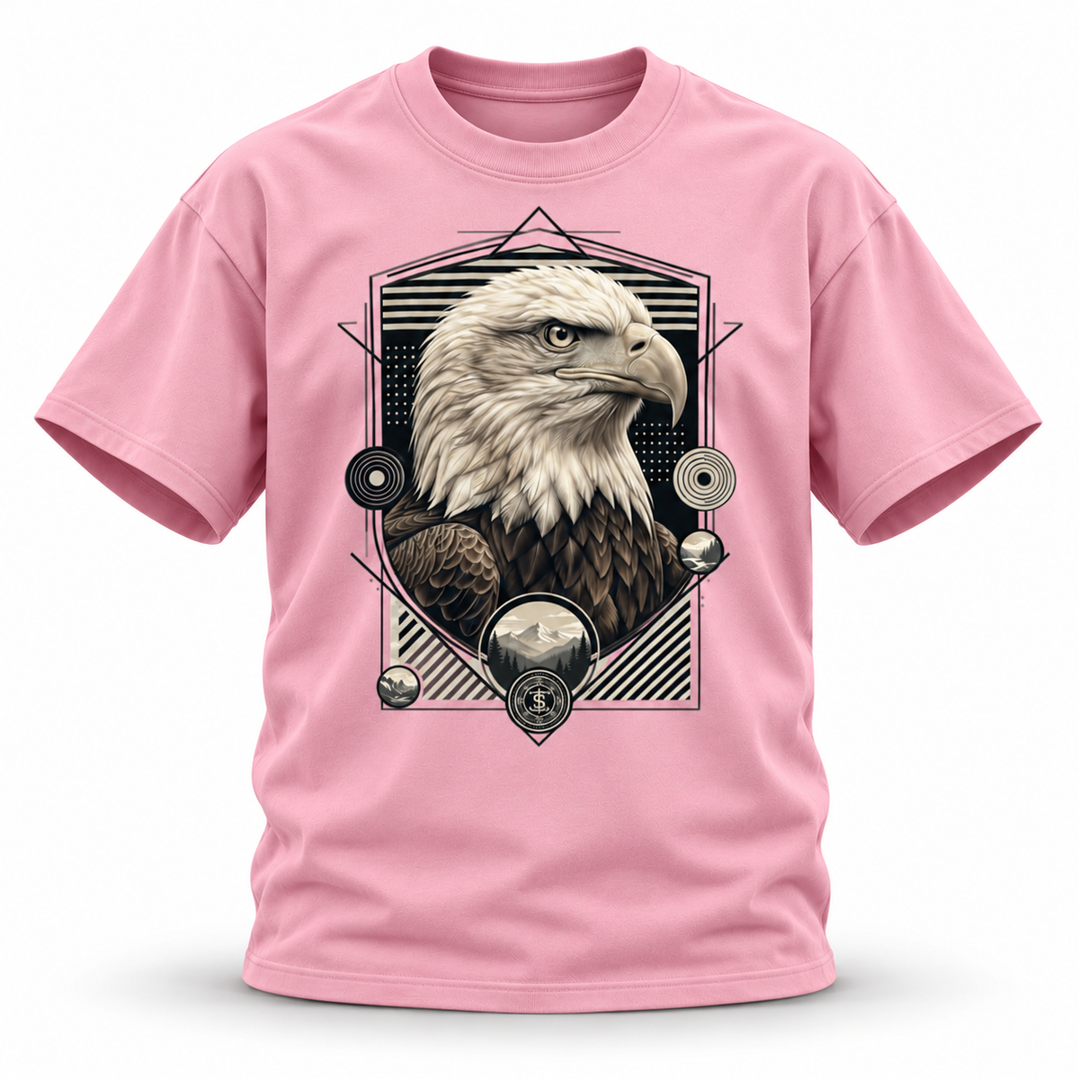 19SEVEN7 Northern Sentinel Pink T-shirt with bald eagle artwork, front view