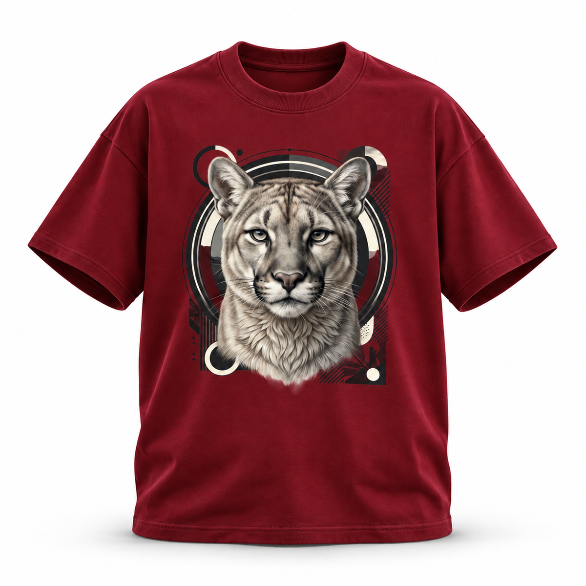 19SEVEN7 Northern Sentinel Wine Red T-shirt with cougar artwork, front view