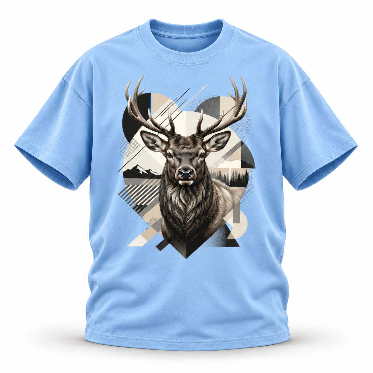 High Country — Elk Geometric Wildlife Heavyweight Oversized Tee — Blue, front; 3D ghost mannequin mockup