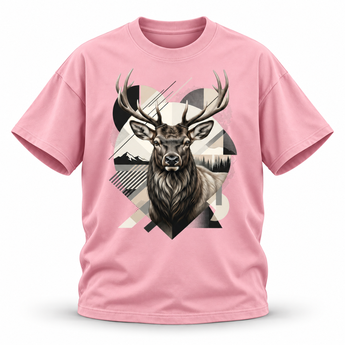 High Country — Elk Geometric Wildlife Heavyweight Oversized Tee — Pink, front; 3D ghost mannequin mockup